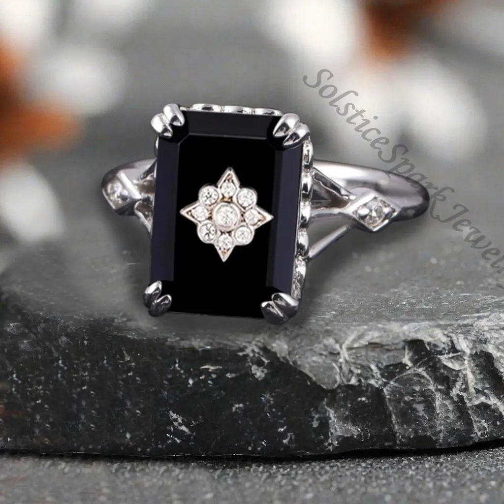 Square Black Onyx Ring With Diamond-encrusted Flower Design