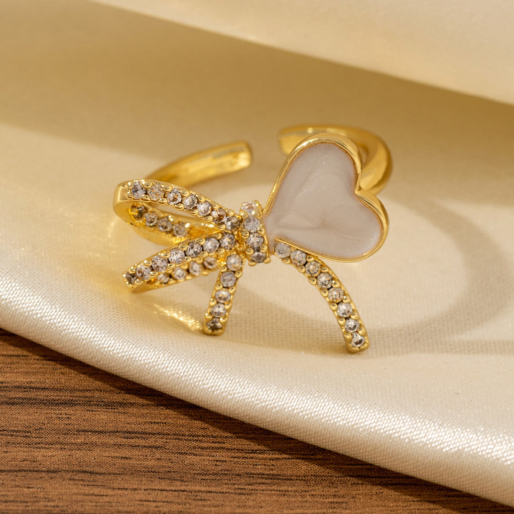 New Diamond-encrusted Bow And Heart Oil-drop Ring
