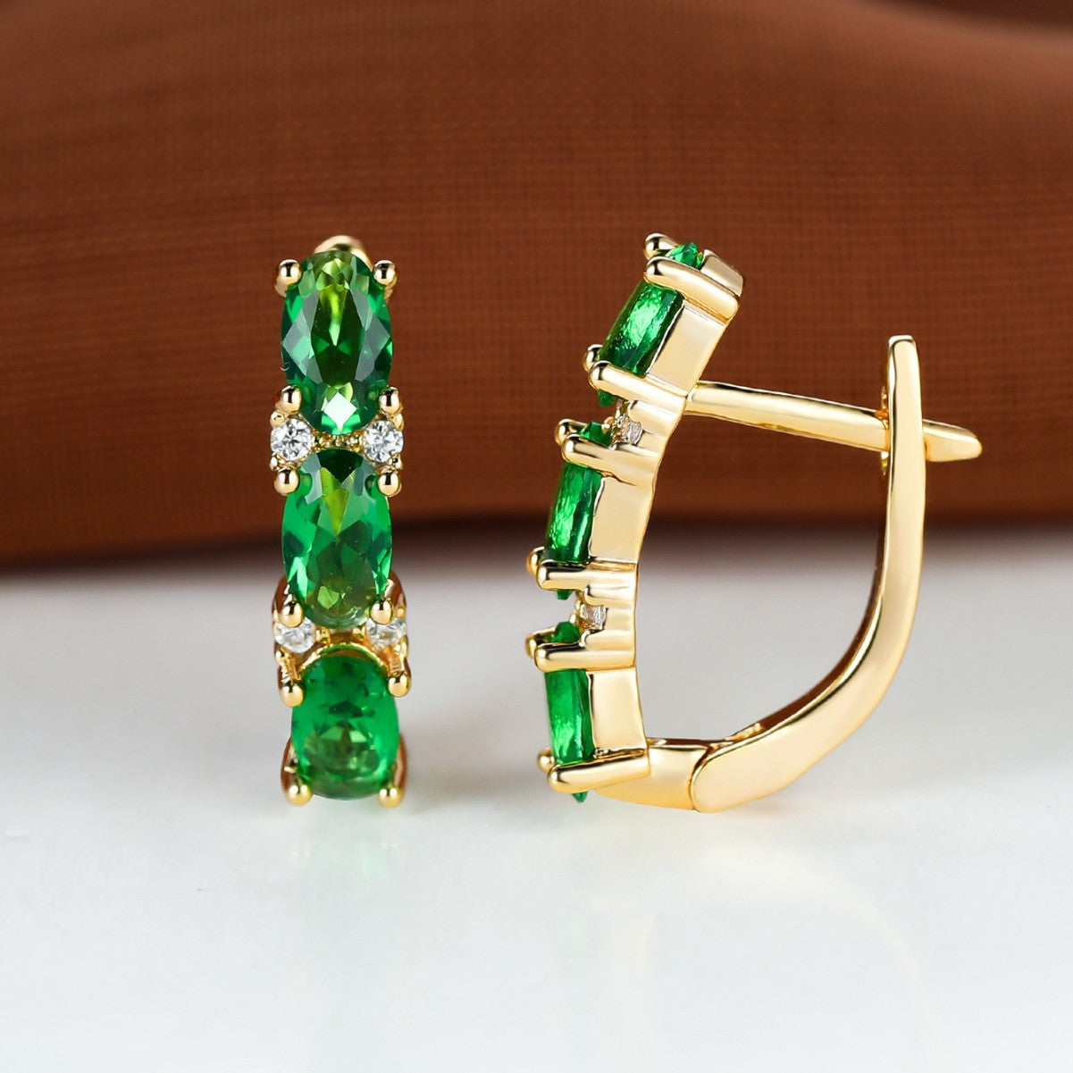 Womens French-Style Light-Luxury Gold Three-Row Oval Diamond Earrings
