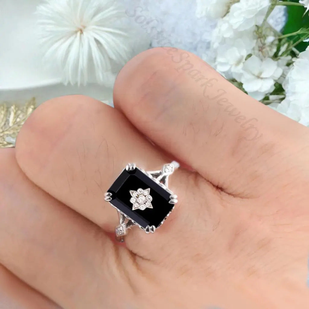 Square Black Onyx Ring With Diamond-encrusted Flower Design