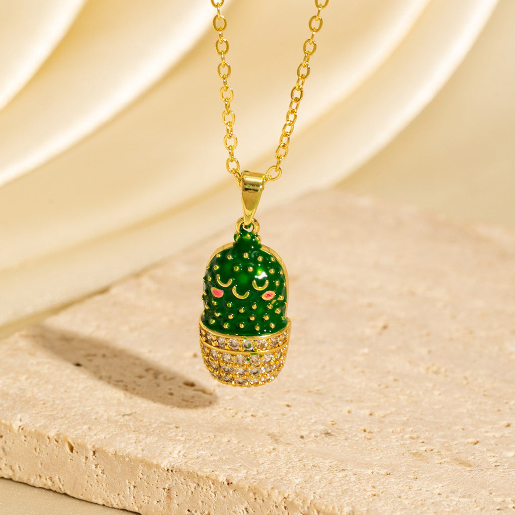 Micro-painted Zircon Droplet Niche Plant Pendant Cactus Necklace