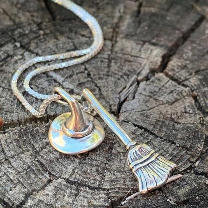 Womens Unique Halloween Broom Hat Necklace
