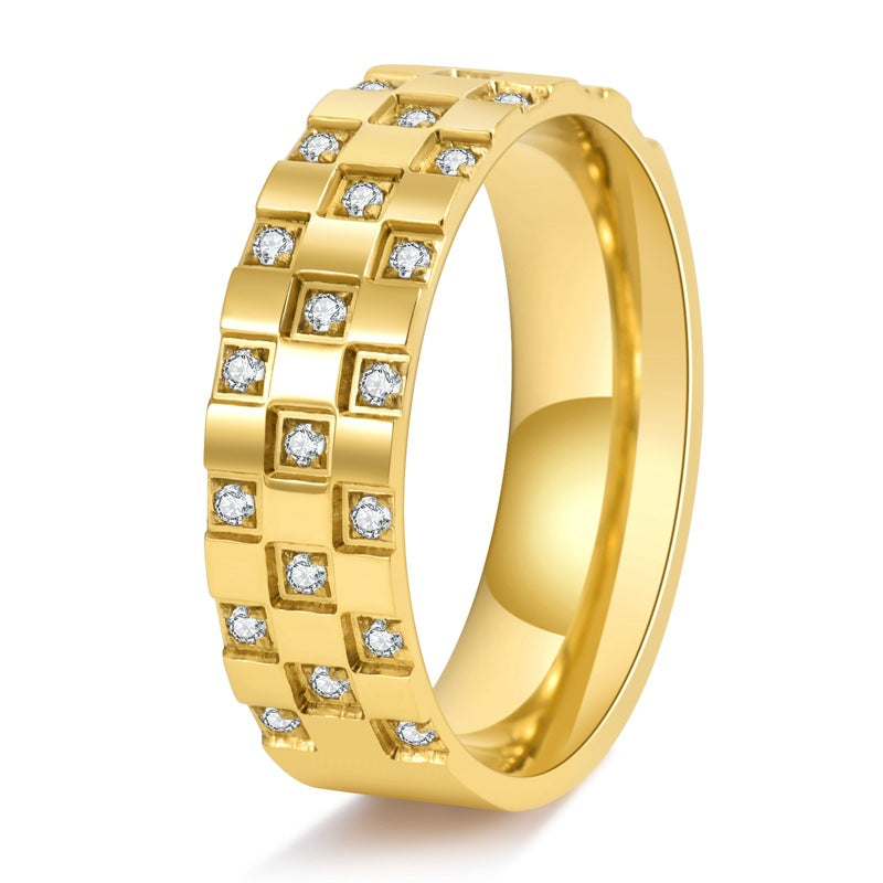 Neutral-style Titanium Steel Ring With A Checkered Zircon Inlay