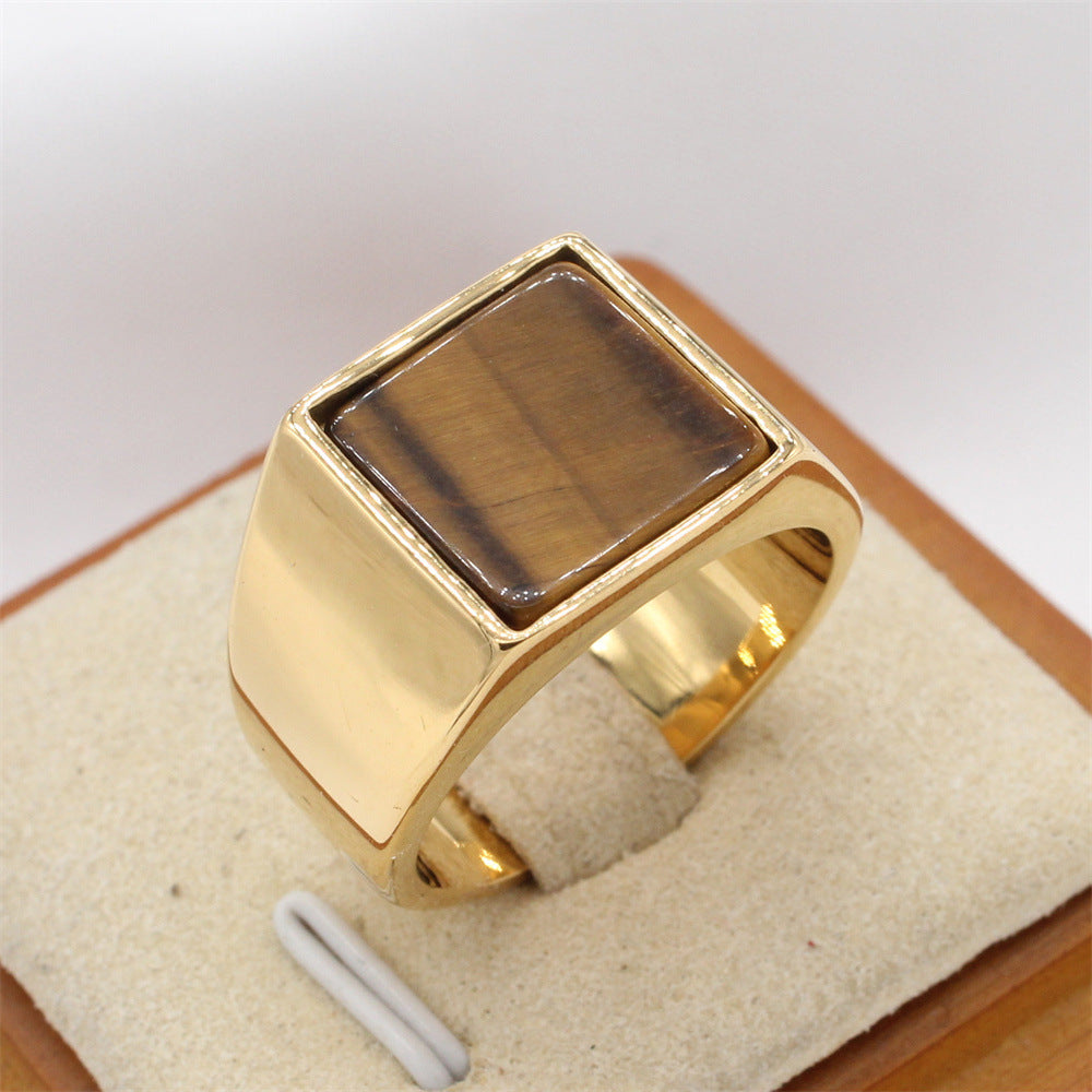 Fashionable And Minimalist Square Gemstone Titanium Steel Ring For Men