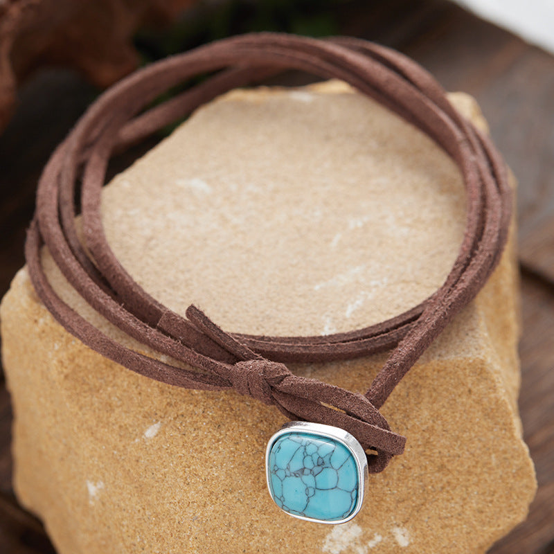 European And American Turquoise Artistic Vintage Cowhide Leather Necklace