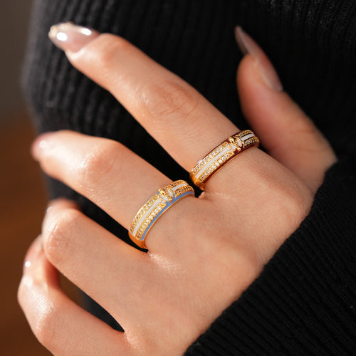 18K Gold Plated Open Ring With Cubic Zirconia Enamel Adjustable Wide Band Statement Ring For Women