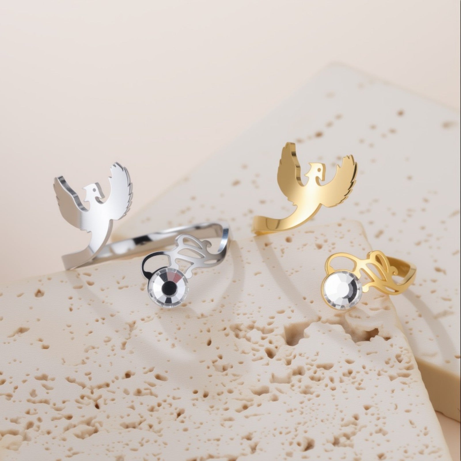 Micro-inlaid Zircon Water-drop Phoenix And Wolf Open Ring