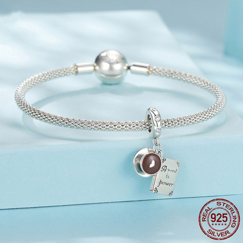 Coffee & Book Pendant S925 Sterling Silver Scattered Beads