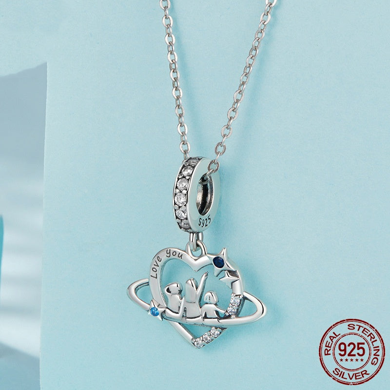 S925 Loving Heart In Sterling Silver Family Pendant Parts Diy Bracelet String Beads