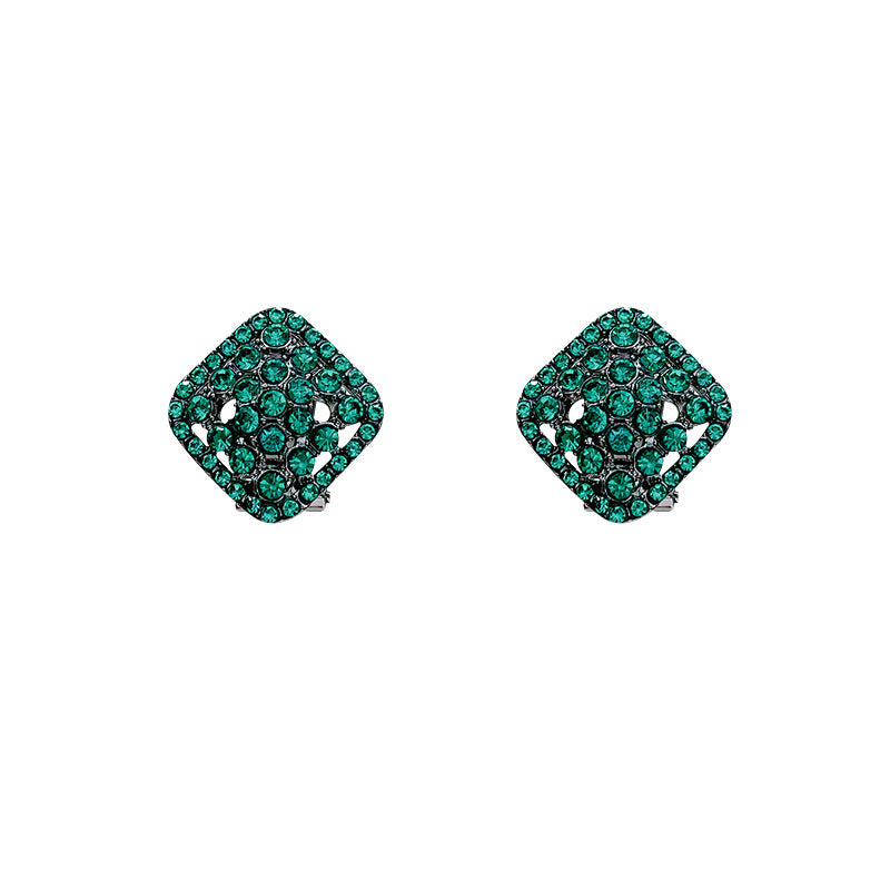 Green Fully Paved Hollow-out Crystal Square Stud Earrings