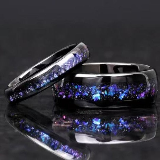 Tungsten Steel Ring With A Floral Blue Frosty Starry Sky Design And Tiny Diamonds For Couples