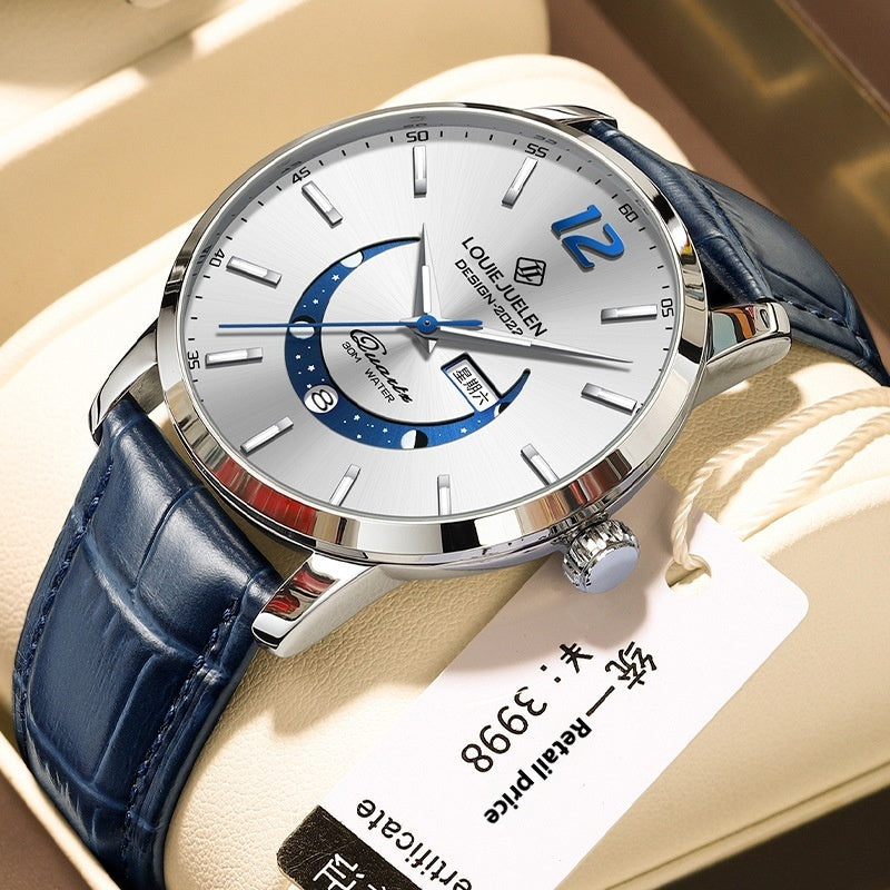 Master Moon Phase Luminous Waterproof Wrist Watch Men's Fashion Genuine Leather Strap Quartz Watch