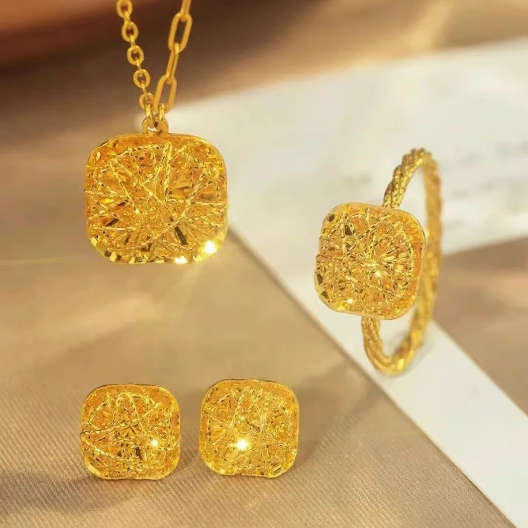 Sugar Cube Filigree Hollow Out Necklace Earrings And Ring Set Asymmetric Design