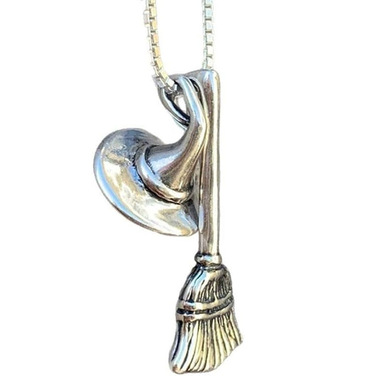 Womens Unique Halloween Broom Hat Necklace