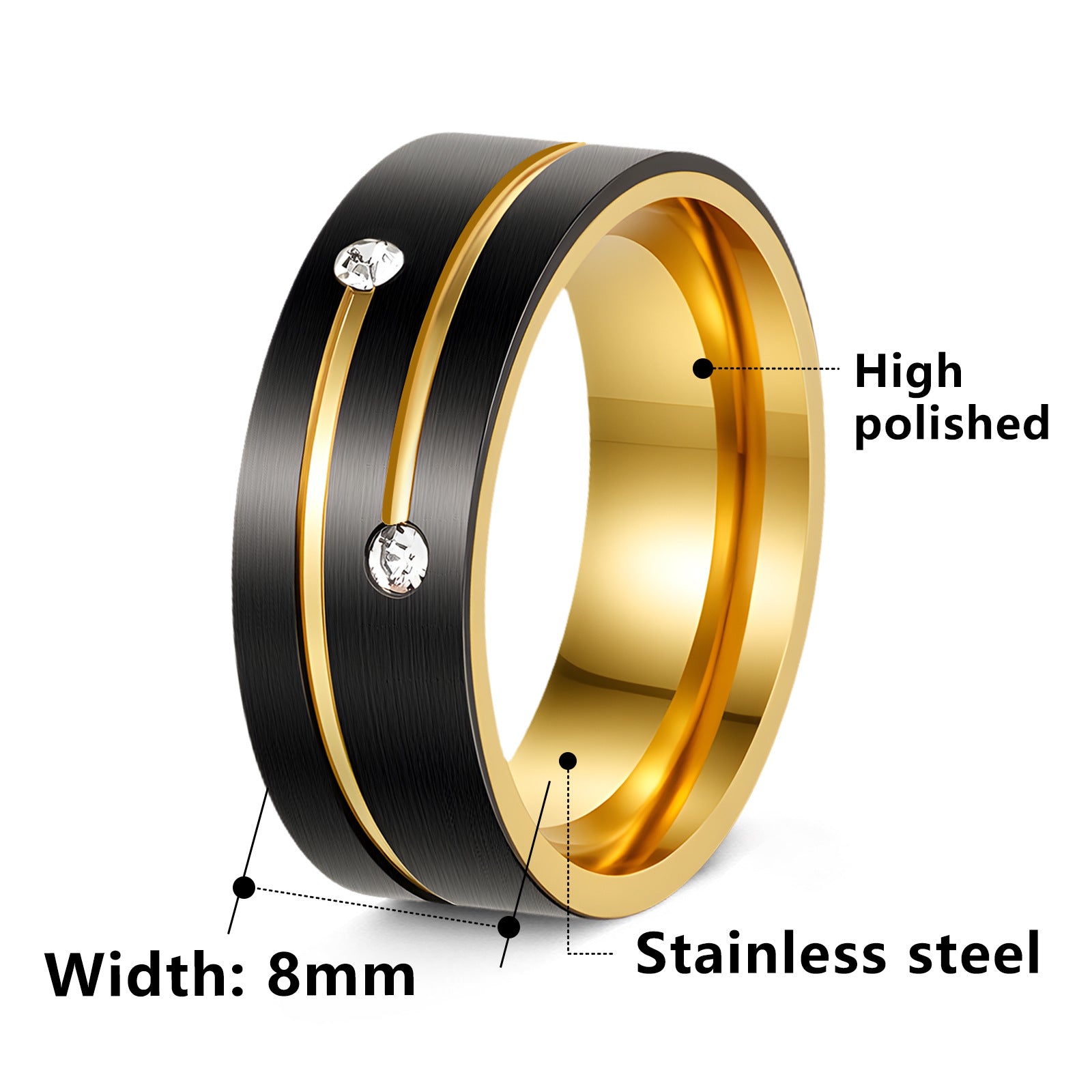 8mm Electroplated Two-Tone Black And Gold Diamond-Inlaid Unisex Titanium Steel Ring