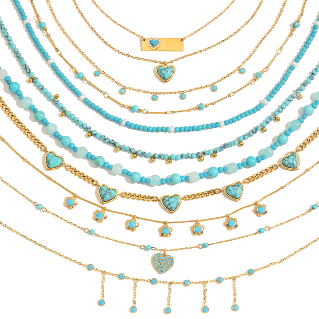 European And American Blue Turquoise Stainless Steel Necklace Set