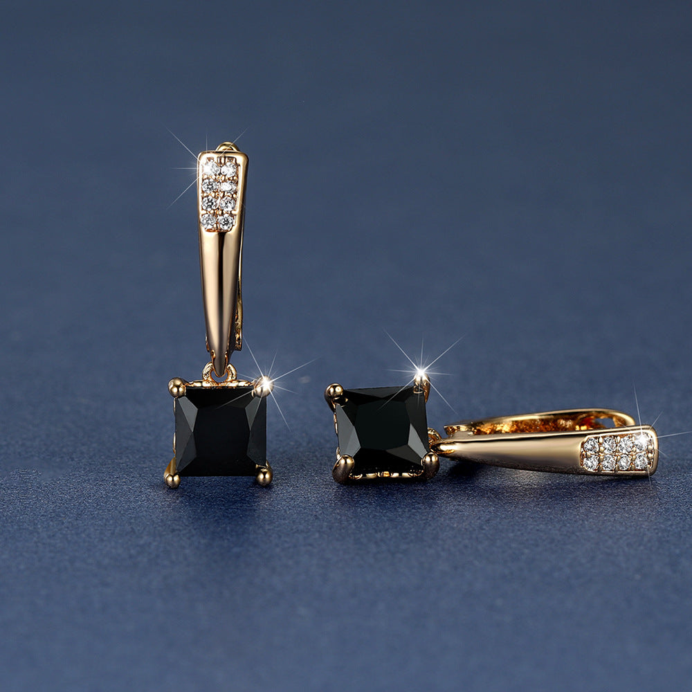 Champagne Gold Geometric Square Black Diamond Ear Clips Light Luxury Earrings