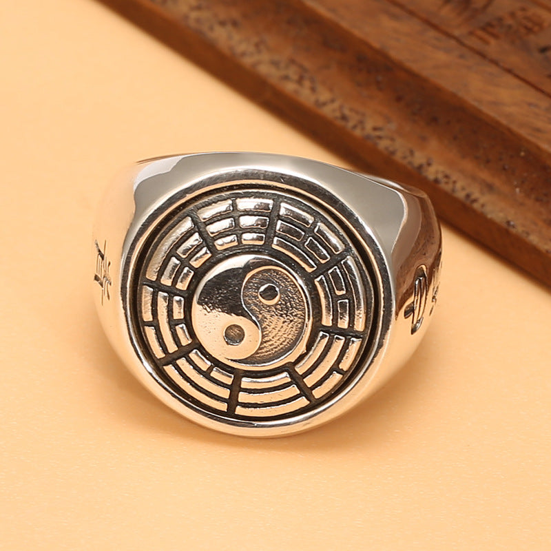S925 Pure Silver Taoist Bagua White Tiger Retro Zodiac Tai Chi Ring