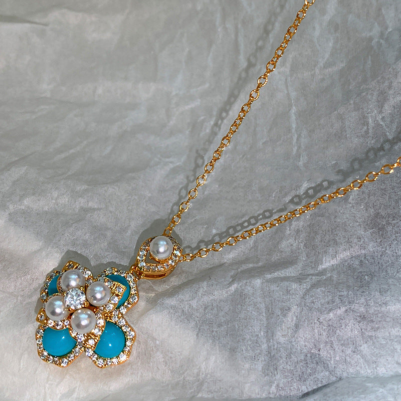 Silver Needle Turquoise Four-Leaf Flower Pearl Vintage Earrings And Necklace