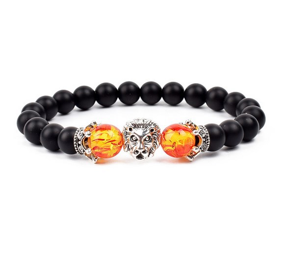 Antique Silver Lion-Head Agate Buddha Bead Bracelet