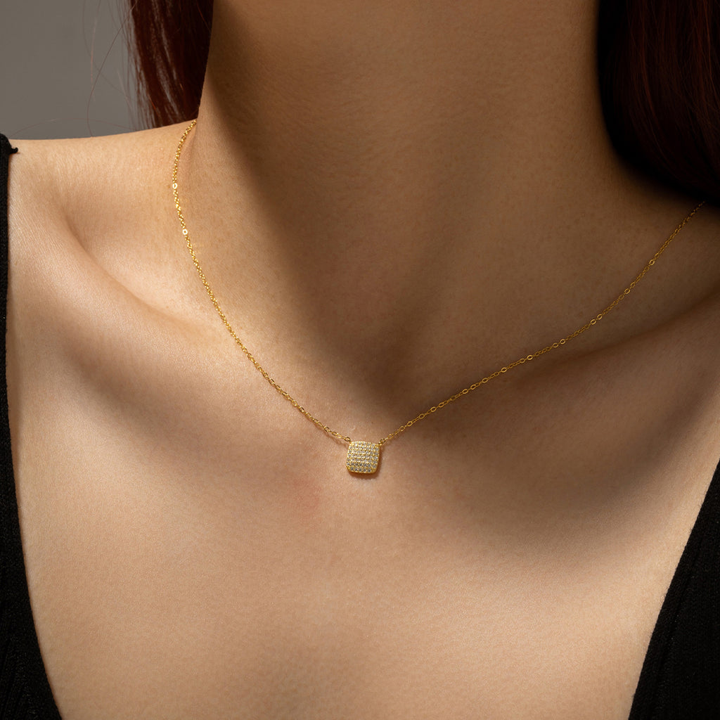 S925 Sterling Silver Square Stone Full Pave Pendant Necklace
