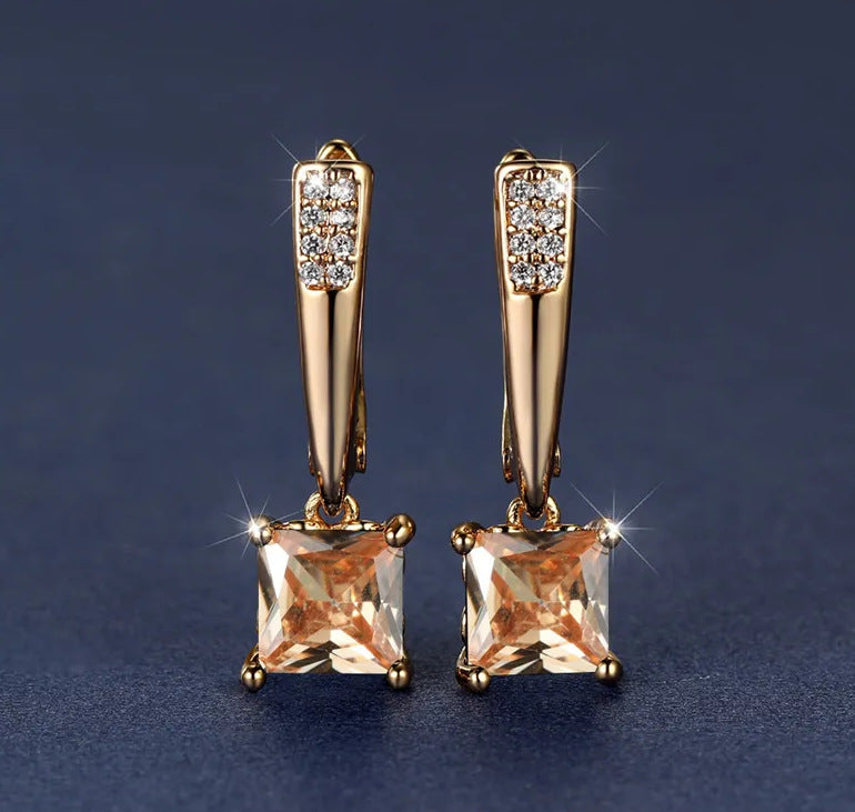 Champagne Gold Geometric Square Black Diamond Ear Clips Light Luxury Earrings