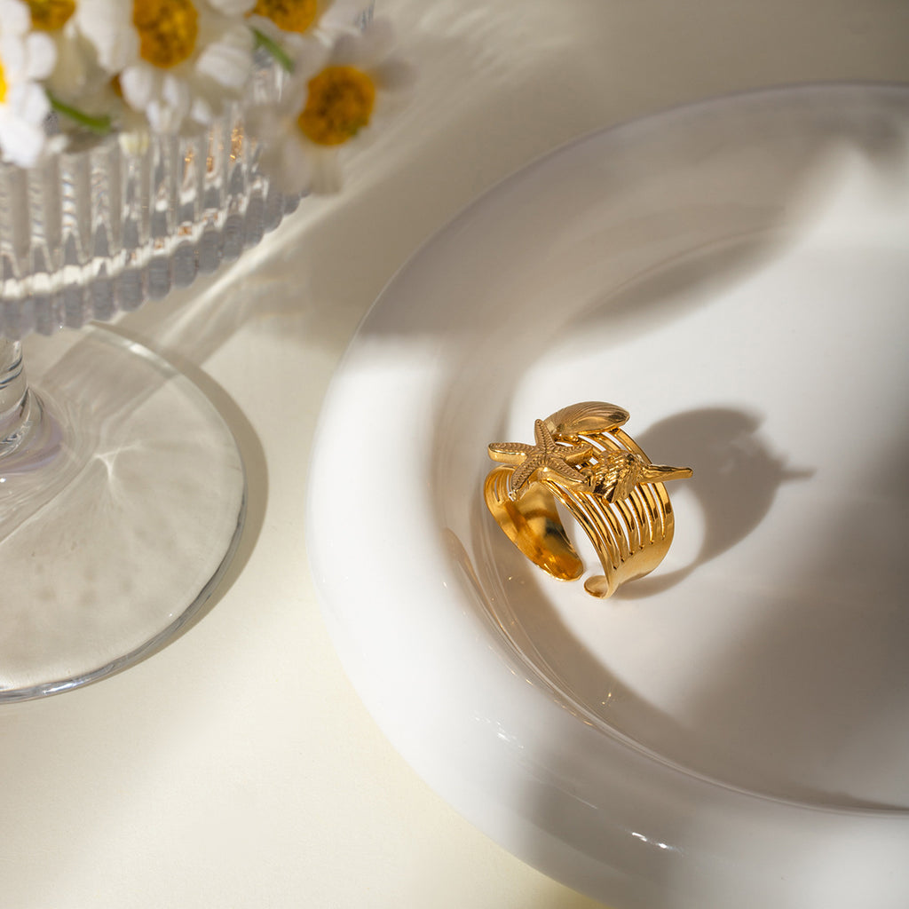 18k Gold Stainless Steel Starfish Conch Shell Open Ring