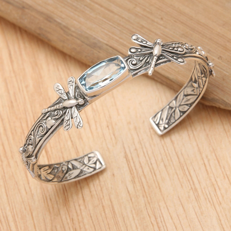 Womens Retro Floral Dragonfly Open Cuff Bracelet