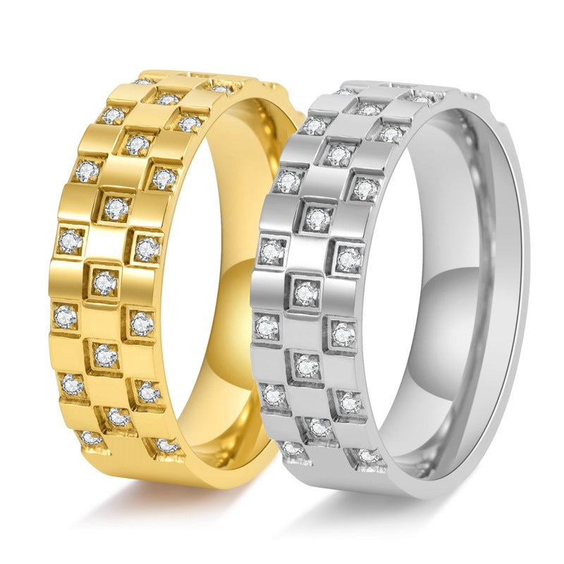Neutral-style Titanium Steel Ring With A Checkered Zircon Inlay