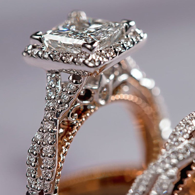 Green Hollow Rose Gold Three-Piece Diamond-Encrusted Zircon Ring Set