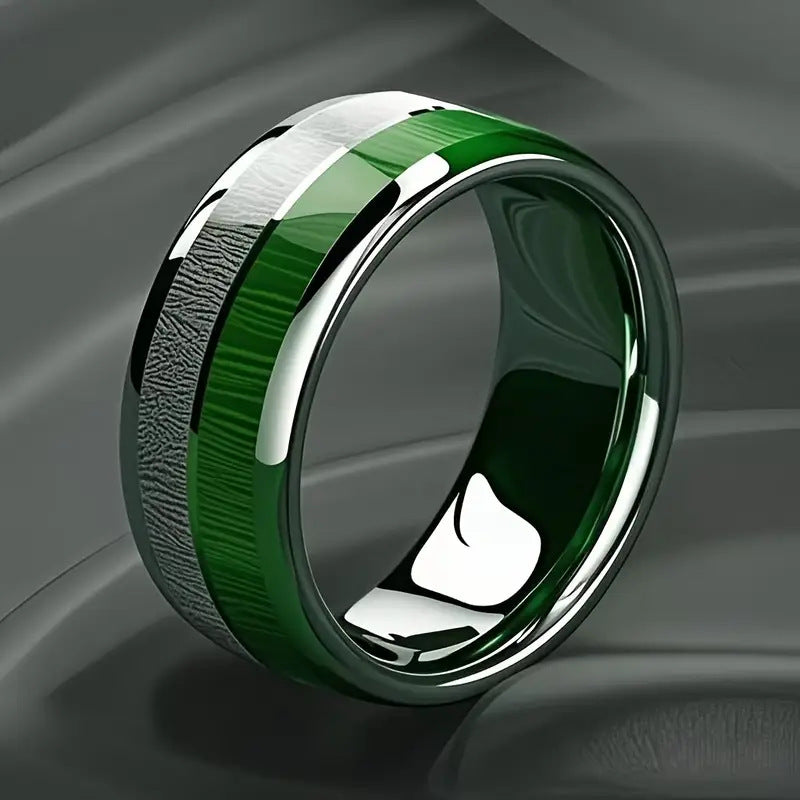 Men's 8mm Stainless Steel Ring Inlaid With Green Marble