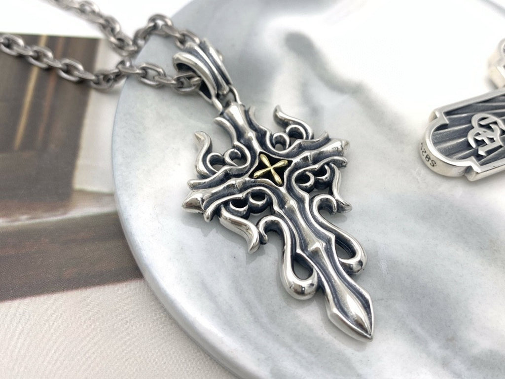Blue Diamond Flame Cross Flower Pendant For Men And Women