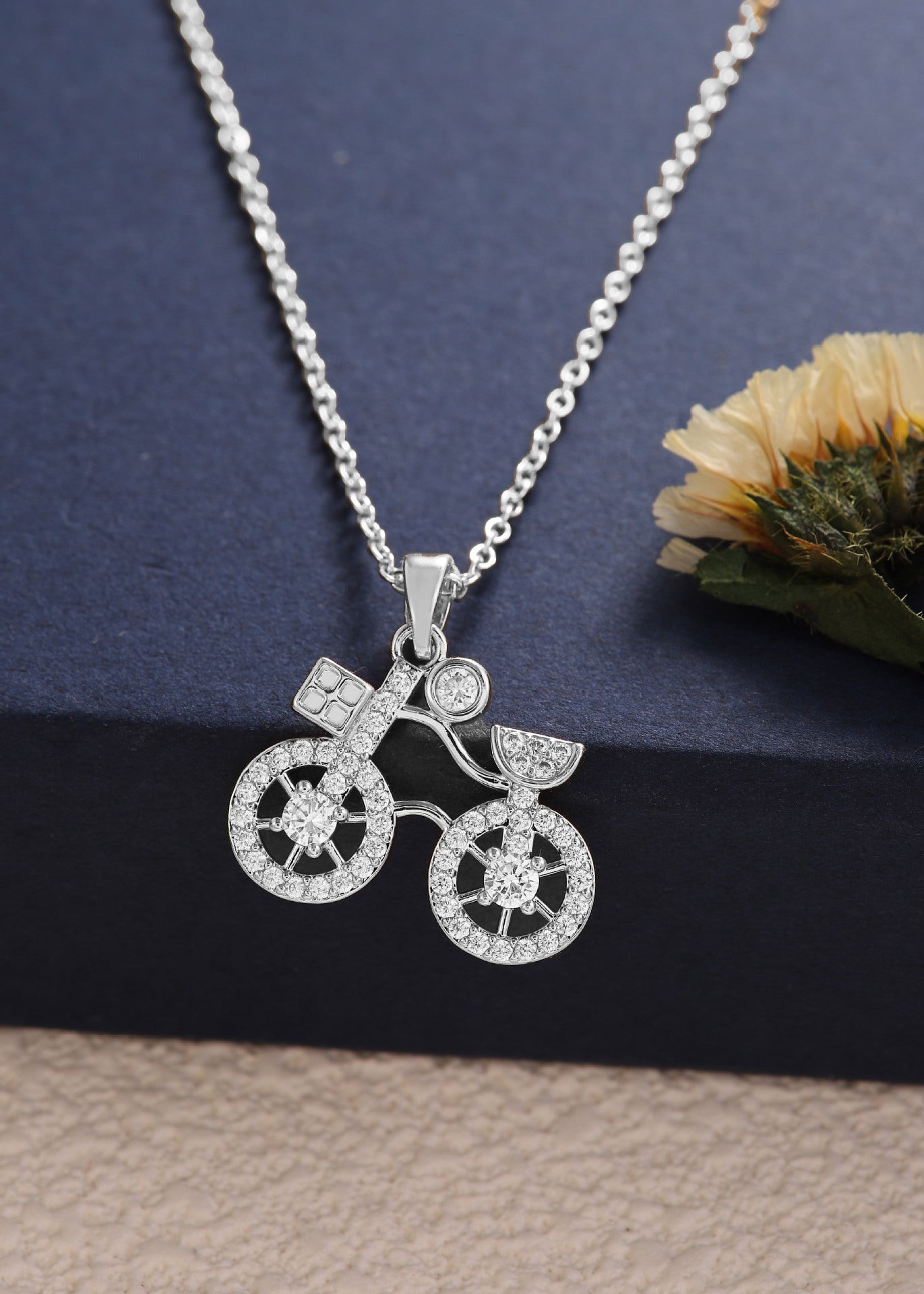 Bicycle-shaped Copper Pendant Necklace With Zircon Embellishments